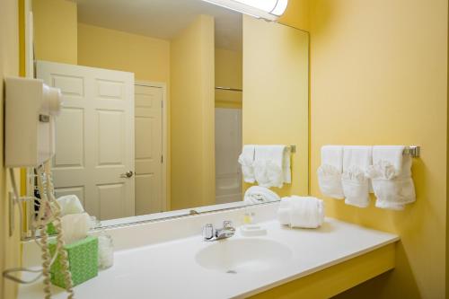 baño con lavabo y espejo grande en Berkshire Mountain Lodge en Pittsfield