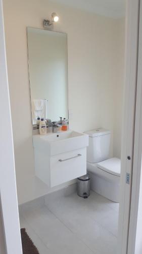 a white bathroom with a sink and a toilet at Villa Shemshi in Gisborne