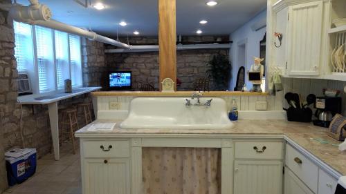 a kitchen with a sink and a tv in it at Alexander Mansion Bed & Breakfast in Winona