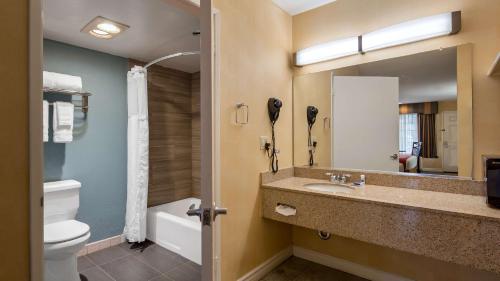 a bathroom with a sink and a toilet and a mirror at Best Western Palm Garden Inn in Westminster
