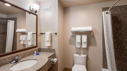 a bathroom with a sink and a toilet and a mirror at Best Western I-5 Inn & Suites in Lodi