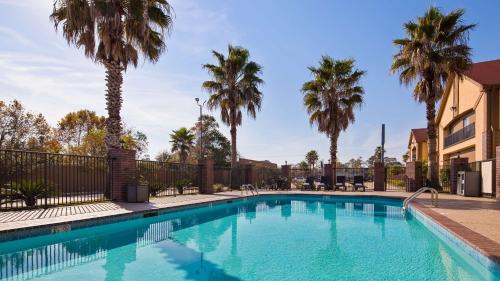 a swimming pool with palm trees and a building at Best Western Inn & Suites - Lake Charles in Lake Charles