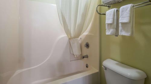 a bathroom with a shower and a toilet and towels at Best Western Richland Inn Mansfield in Mansfield