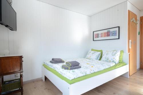 a bedroom with a bed and a tv at The Boat House in Goldswil