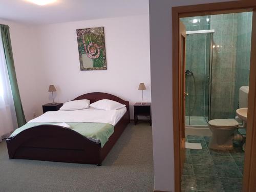 a bedroom with a bed and a shower and a toilet at Pension Yasmine in Timişoara