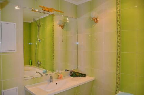zieloną łazienkę z umywalką i lustrem. w obiekcie Апартаменты Лето w mieście Dniepr