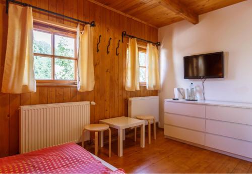 ein Schlafzimmer mit einem Bett, einem Schreibtisch und einem Fernseher in der Unterkunft X-Park Františkov in Jindřichov