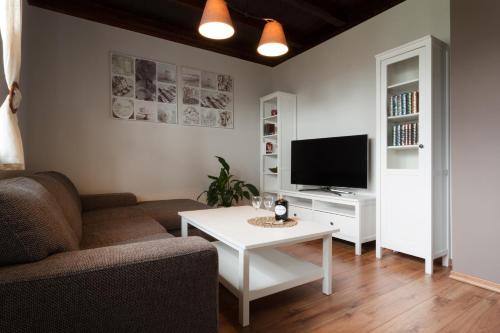 a living room with a couch and a table and a tv at Ferienhaus Kaiserhof in Markkleeberg