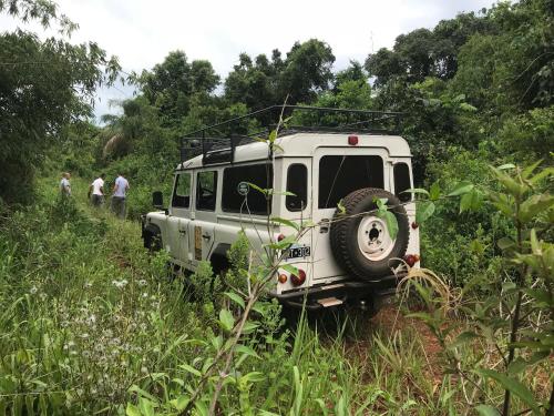 an old white jeep parked in a field at La Mision Mocona - Lodge de Selva in Saltos del Moconá