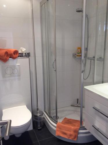 La salle de bains est pourvue d'une douche et de toilettes. dans l'établissement Appartement am Universitätscampus, à Heidelberg