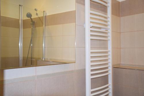 prysznic ze szklanymi drzwiami i szklaną półką w obiekcie Tiva Downtown Apartments w Pradze