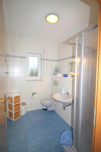 a bathroom with a toilet and a sink and a shower at Feriendomizil am Hafen in Zingst