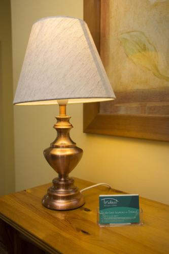 a lamp sitting on top of a table with a book at Willow Grove Holiday Homes No 4 by Trident Holiday Homes in Rosslare