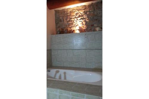 a bath tub in a bathroom with a stone wall at La Davana Parma in Salsomaggiore Terme