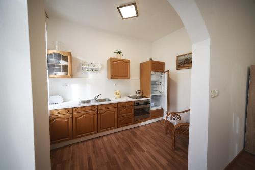 a kitchen with wooden cabinets and a sink and a refrigerator at Bluestars Home in Karlovy Vary