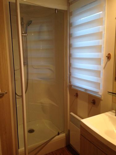 La salle de bains est pourvue d'une cabine de douche en verre. dans l'établissement Bonne Anse Plage, à La Palmyre