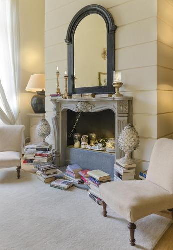 a living room with a fireplace and a pile of books at B&B Di Camilla in Pisa