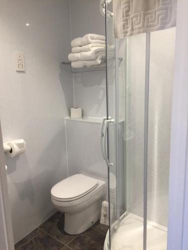 a bathroom with a toilet and a glass shower at Bayliss Hall Guesthouse in Weymouth
