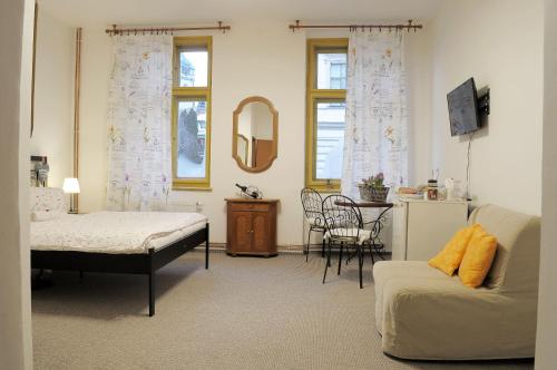 salon z łóżkiem i kanapą w obiekcie Apartmány V Podzámčí II. w Mielniku