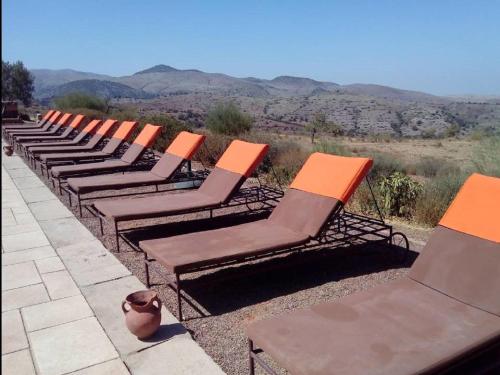 a row of lawn chairs lined up in a row at Terres d'Amanar in Tahannout