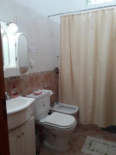 a bathroom with a toilet and a sink and a shower curtain at Departamento El Nogal in Alta Gracia