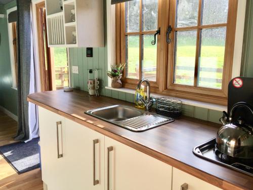 a kitchen with a sink and a counter top at Mid Wales Luxury Huts in Darowen