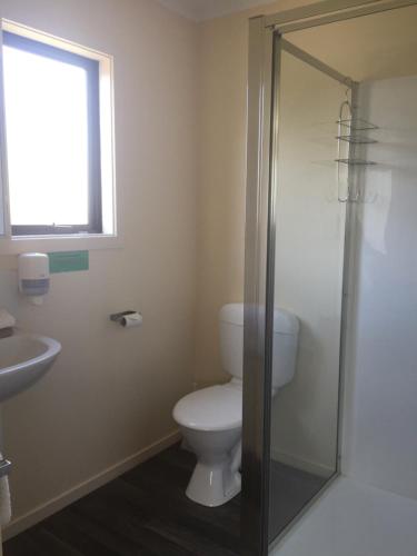 a bathroom with a toilet and a sink at Geraldine TOP 10 Holiday Park in Geraldine