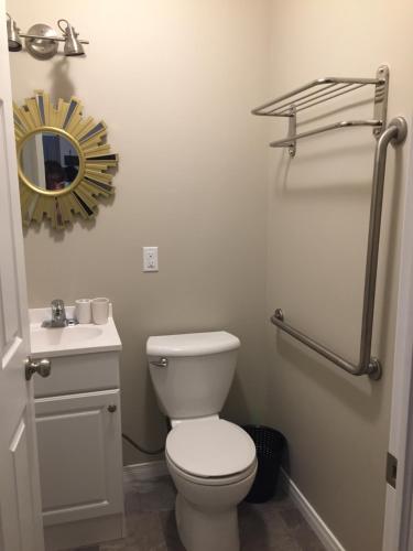 a bathroom with a toilet and a sink and a mirror at Four Seasons Algonquin Cabins in Madawaska