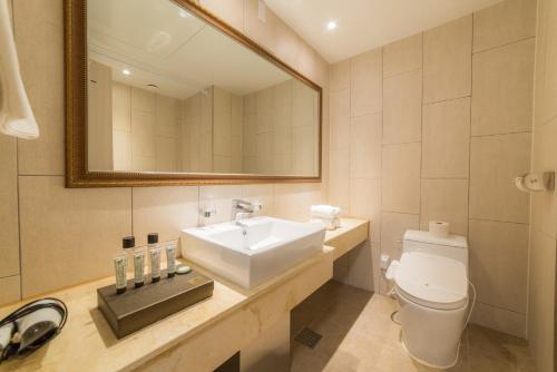 a bathroom with a sink and a toilet and a mirror at Reborn Suwon Silkroad Hotel in Suwon