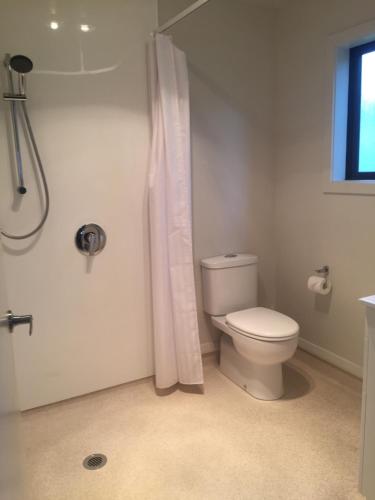 a bathroom with a toilet and a shower curtain at Geraldine TOP 10 Holiday Park in Geraldine