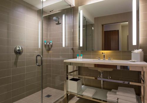 a bathroom with a shower and a sink and a mirror at Hyatt Regency McCormick Place Chicago in Chicago