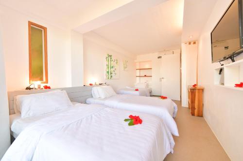 two white beds in a room with a tv at Diniview Villa Resort in Boracay