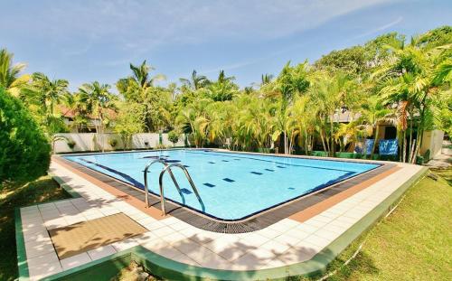 a large swimming pool in a yard with palm trees at Sagarika Beach Hotel in Moragalla