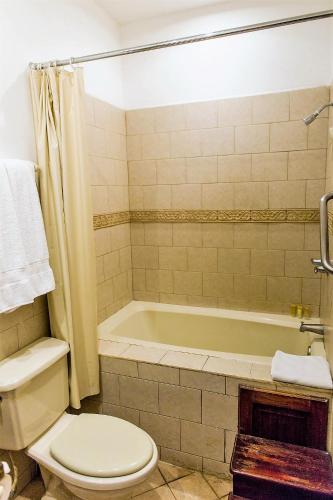 a bathroom with a toilet and a bath tub at Hotel la Perla Leon in León