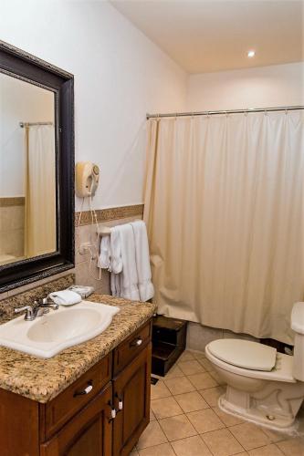 a bathroom with a sink and a toilet and a shower at Hotel la Perla Leon in León