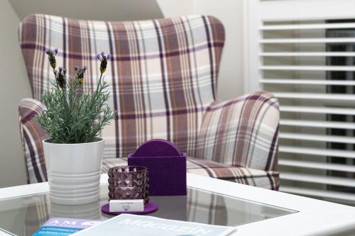 a table with a potted plant and a chair at Hotel Landhaus Ellerbrock in Sankt Peter-Ording