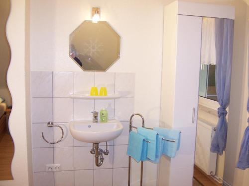 ein Bad mit einem Waschbecken und einem Spiegel in der Unterkunft Haus am Roseneck in Lüneburg