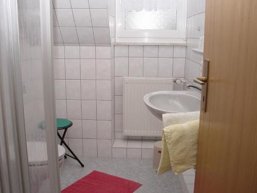 a small bathroom with a sink and a toilet at Landhaus Wölfel in Bad Steben