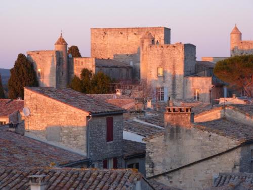 uitzicht op een stad met torens en daken bij le tilleul in Villevieille