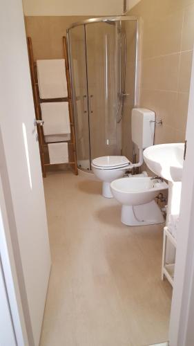 a bathroom with a shower and a toilet and a sink at Altebas in Nogaredo di Prato