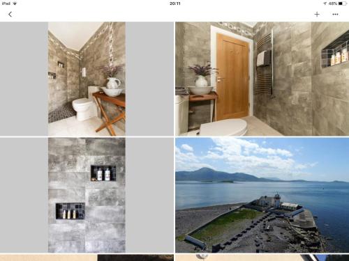 a collage of four pictures of a bathroom with water at Cluain Abhainn 2-4 guests, private entrance in Westport