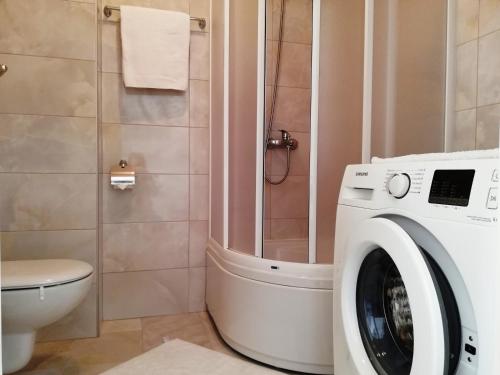 a bathroom with a washing machine and a shower at Apartment Olive Montenegro KO Becici in Budva