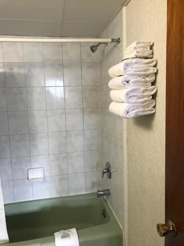 a bathroom with a green tub and white towels at Surf Inn Suites in Ocean City