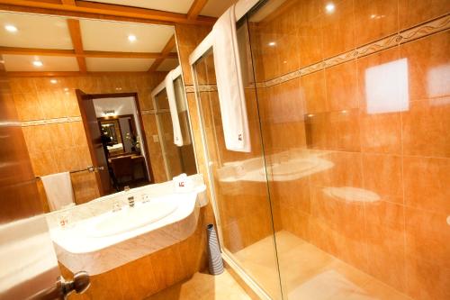 a bathroom with a sink and a glass shower at Hotel Gillow in Mexico City