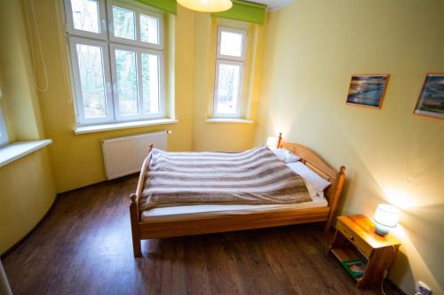 a bedroom with a bed and two windows at Baltic Apartments - Apartament Orion in Świnoujście
