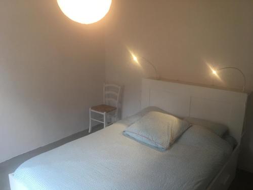 1 dormitorio con 1 cama y 2 luces en el techo en Les Genets, en Ker borny