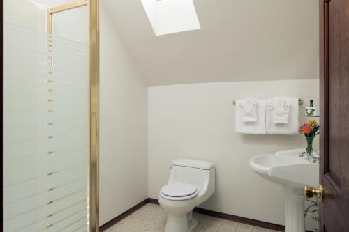 a white bathroom with a toilet and a sink at Idlwilde Inn in Watkins Glen