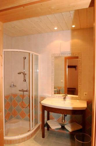 a bathroom with a sink and a shower with a mirror at Weingut Winzerhof Gästezimmer Grebenz in Großklein