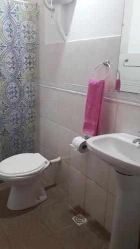 La salle de bains est pourvue de toilettes blanches et d'un lavabo. dans l'établissement Apartamento Duplex Iguazu Falls, à Puerto Iguazú
