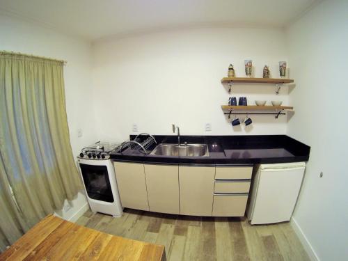 uma cozinha com um lavatório e um fogão em Apartamento de Férias - Fernanda em Treze Tílias